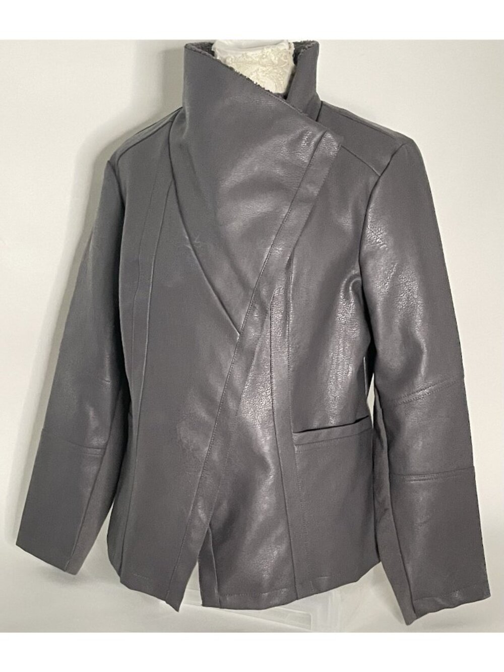 Alfani XL Gray Faux Leather Moto Jacket Asymmetrical Faux Fur Collar Lined